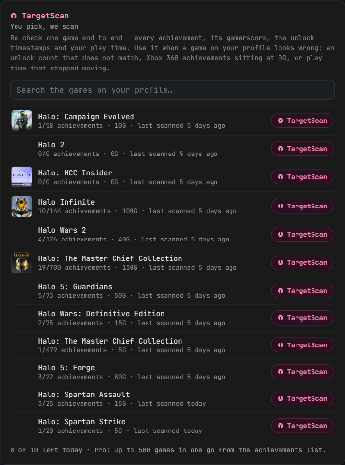 The TargetScan panel in Settings, searching the games on your profile